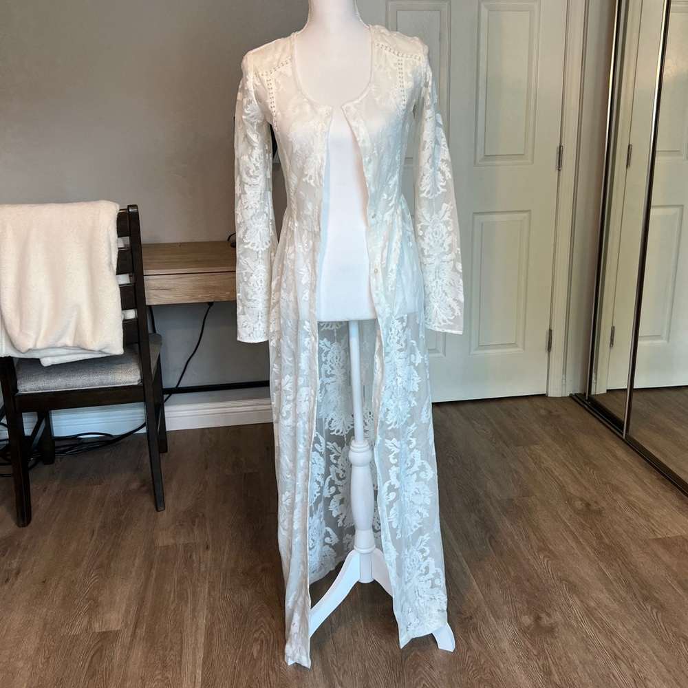 Minkpink Embroidered Sheer Lace Mesh Long Sleeve White Maxi Dress / Duster